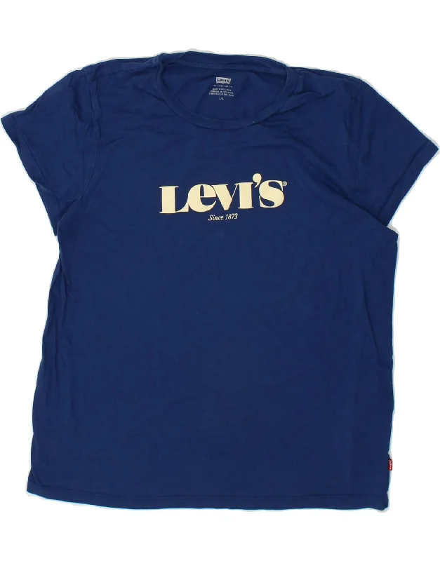 LEVI'S Womens Graphic T-Shirt Top UK 16 Large Navy Blue Cotton Denim Fabric Leather Fabric Suede Fabric