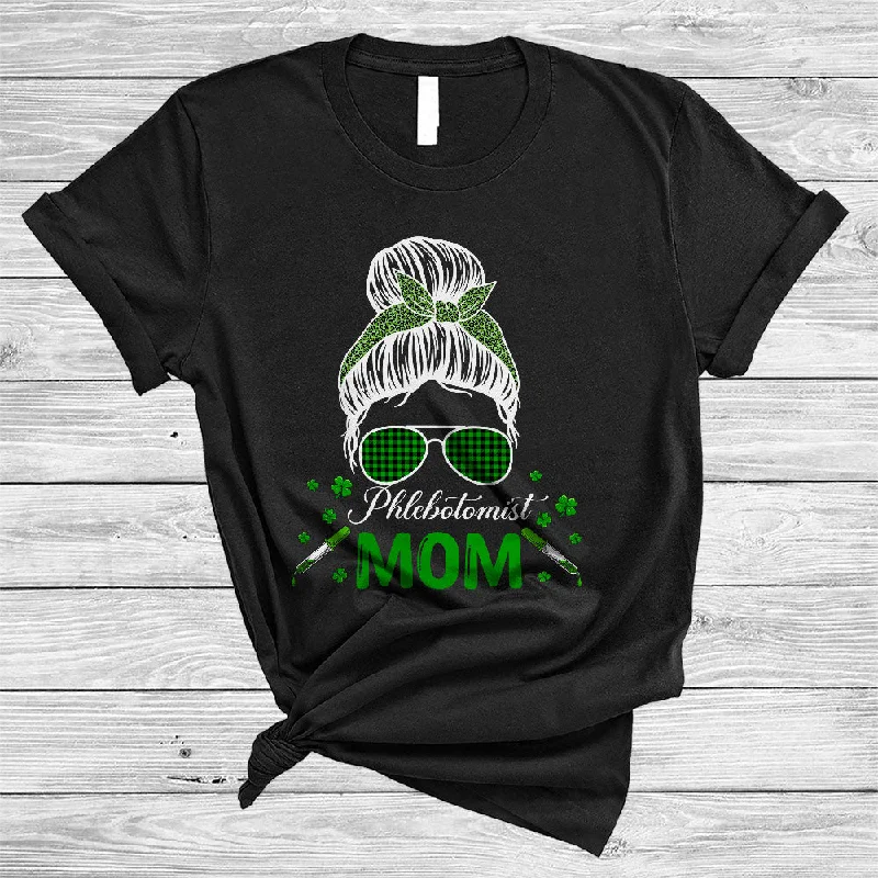 Phlebotomist Mom, Awesome St. Patrick's Day Green Leopard Plaid Bun Hair Women, Shamrocks T-Shirt Fashionable Trendy Casual Phlebotomist Mom, Awesome St. Patrick's Day Green Leopard Plaid Bun Hair Women, Shamrocks T-Shirt Fashionable Trendy Casual