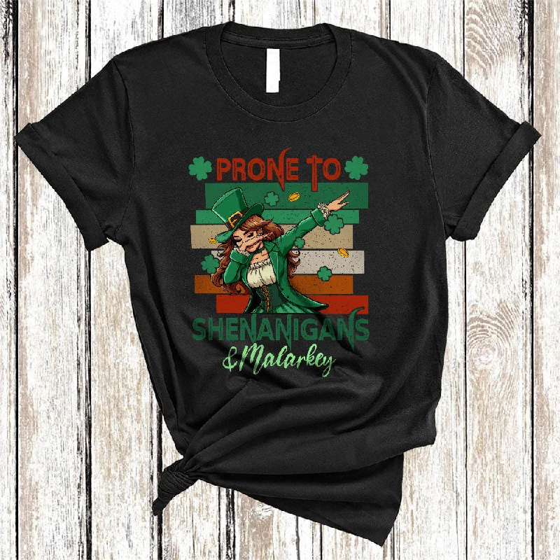 Vintage Retro Prone To Shenanigans And Malarkey, Cool St. Patrick's Day Irish Women Dabbing, Shamrock T-Shirt Collared Crew Neck Turtle Neck Vintage Retro Prone To Shenanigans And Malarkey, Cool St. Patrick's Day Irish Women Dabbing, Shamrock T-Shirt Collared Crew Neck Turtle Neck