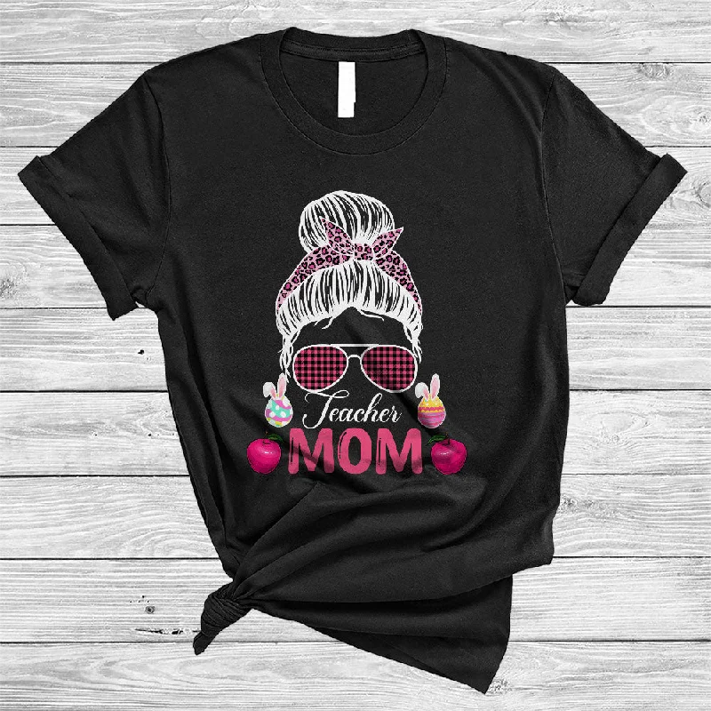Teacher Mom, Awesome Easter Day Pink Leopard Plaid Bun Hair Women, Bunny Eggs T-Shirt Cozy Warm Stylish Teacher Mom, Awesome Easter Day Pink Leopard Plaid Bun Hair Women, Bunny Eggs T-Shirt Cozy Warm Stylish