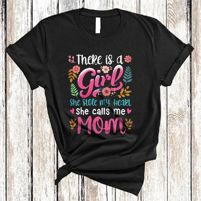 Girl Stole My Heart She Calls Me Mom, Cute Mother's Day Flowers Mom, Women Family Group T-Shirt Handmade Hand-knitted Hand-woven