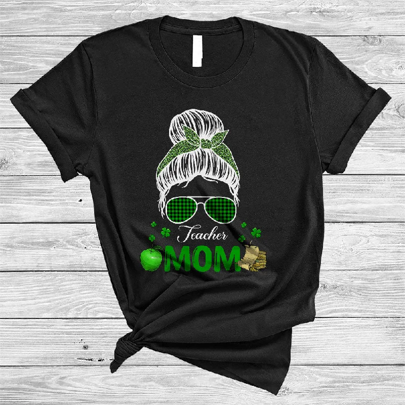 Teacher Mom, Awesome St. Patrick's Day Green Leopard Plaid Bun Hair Women, Shamrocks T-Shirt Anti-Shrink Durable Soft Teacher Mom, Awesome St. Patrick's Day Green Leopard Plaid Bun Hair Women, Shamrocks T-Shirt Anti-Shrink Durable Soft