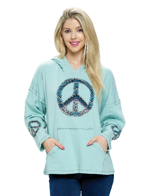 Hoodie Boho Peace Sign Patch Loose Fit Hoodie with Mock Neck Collared Structured