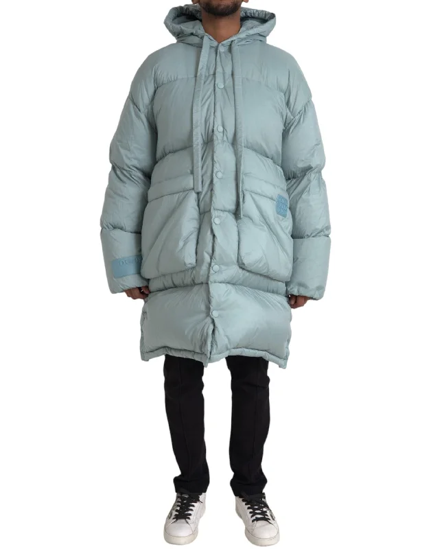 Light Blue Quilted Hooded Puffer Jacket Men Welt Pockets Slit Pockets Flap Pockets