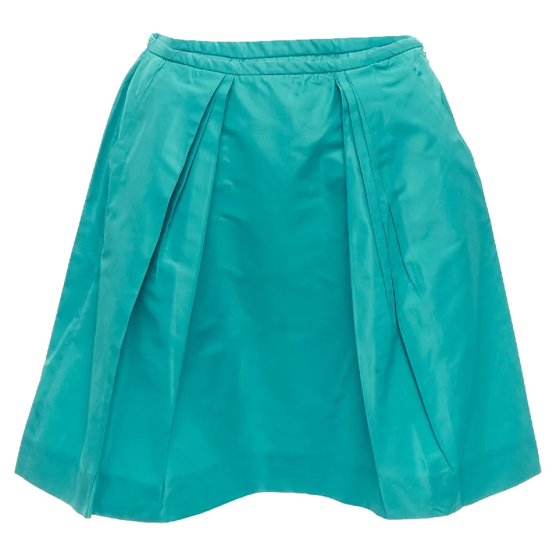 Miu Miu teal nylon pleated high waisted Aline skirt wool skirt thick