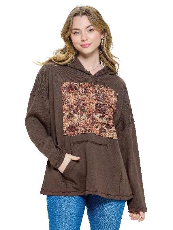 Hoodie Patchwork Art Mushroom Loose Fit Hoodie with Drop Shoulder Relaxed Streetwear