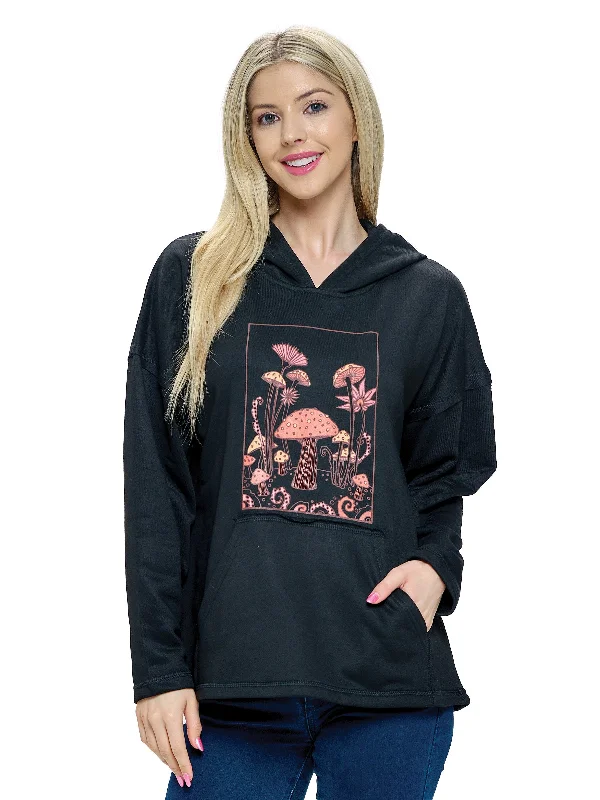 Hoodie Boho Mushroom Print Hoodie with V-Neck Classic Versatile