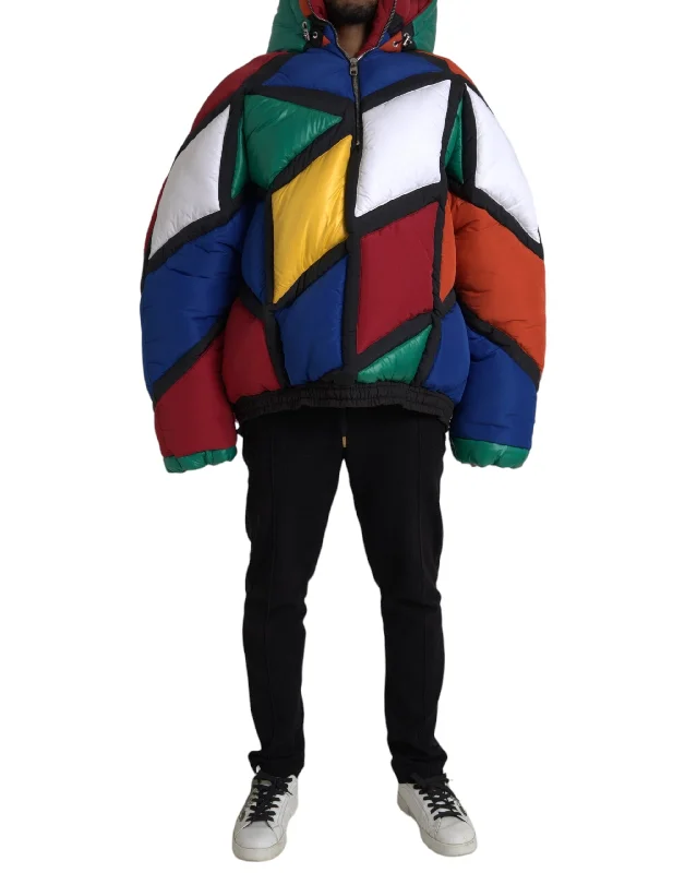 Multicolor Quilted Hooded Puffer Jacket Wool Fabric Cashmere Fabric Tweed Fabric