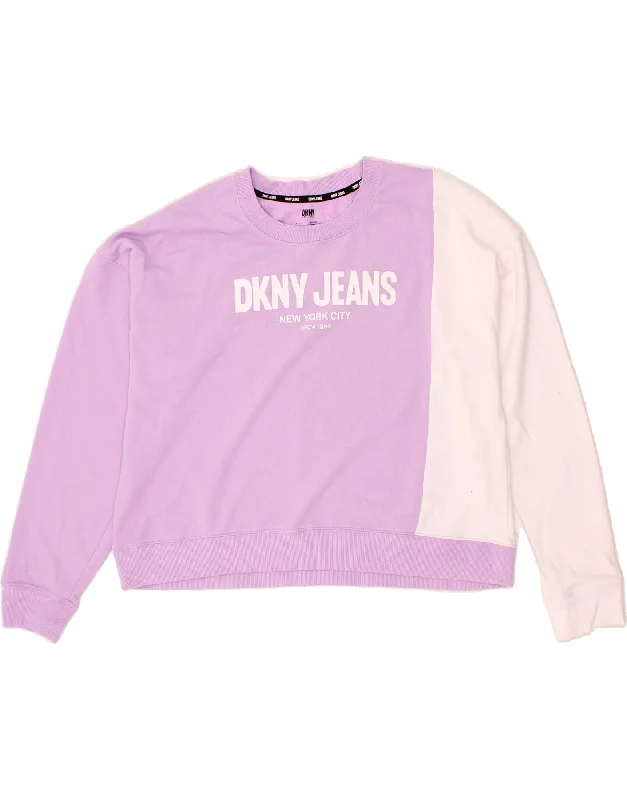 DKNY Womens Oversized Sweatshirt Jumper UK 16 Large Purple Colourblock Hoodie with Zipper Placket Modern Functional DKNY Womens Oversized Sweatshirt Jumper UK 16 Large Purple Colourblock Hoodie with Zipper Placket Modern Functional