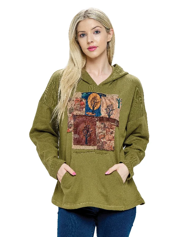 Hoodie Boho Patchwork Tree of Life Mushroom Hoodie with Turtle Neck Cozy Winter
