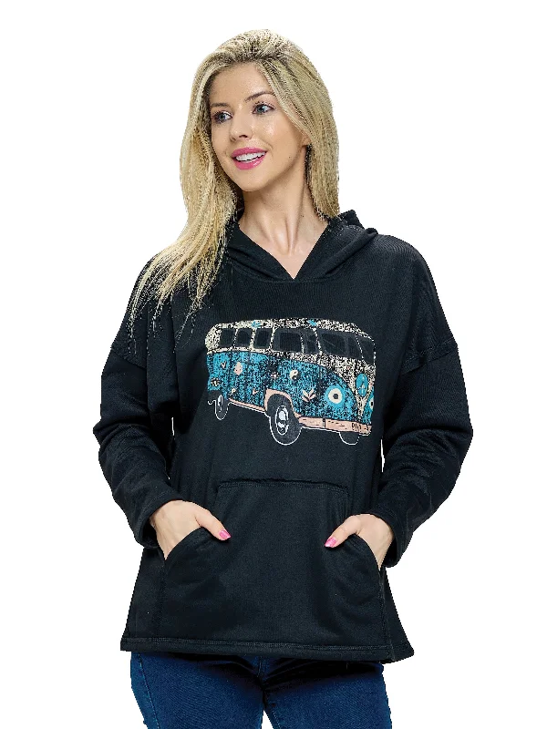 Hoodie Boho Van Life Peace Love Print Hoodie with Ribbed Neckline Snug Warm