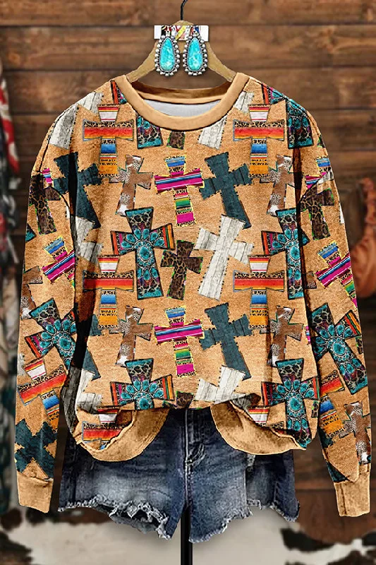 Vintage Western Cross Print Sweatshirt Oversized Hoodie Comfort Casual