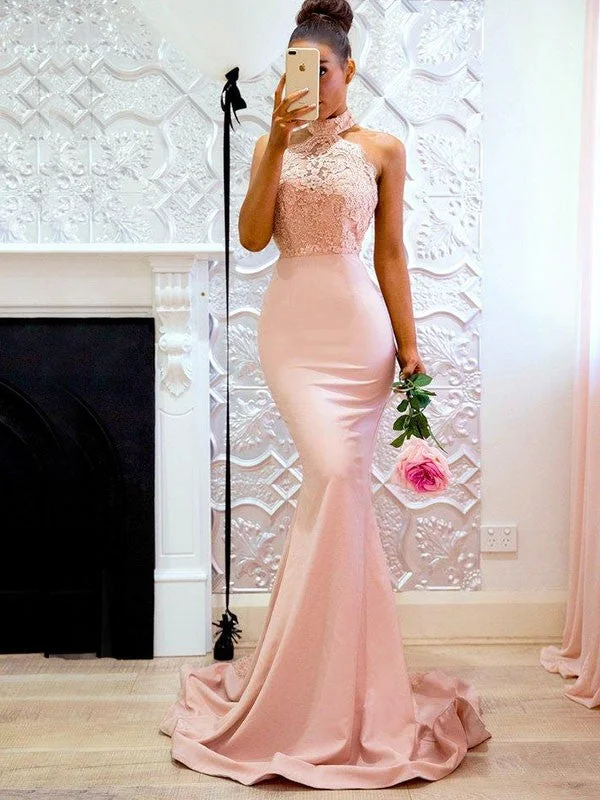Gorgeous Mermaid Sleeveless Halter Lace Charmeuse Prom Dresses