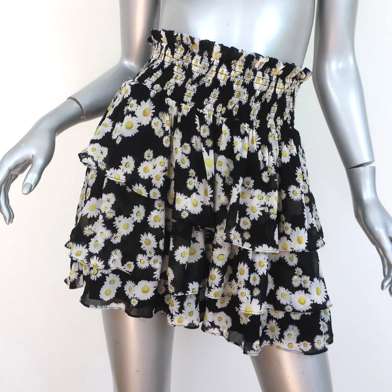 The Kooples Sport Tiered Mini Skirt Black Daisy Print Crepe Size 3 wrap skirt elegant