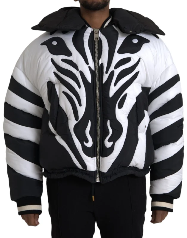 Black White Stripes Hooded Puffer Jacket Oversized Jacket Tailored Jacket Straight Jacket