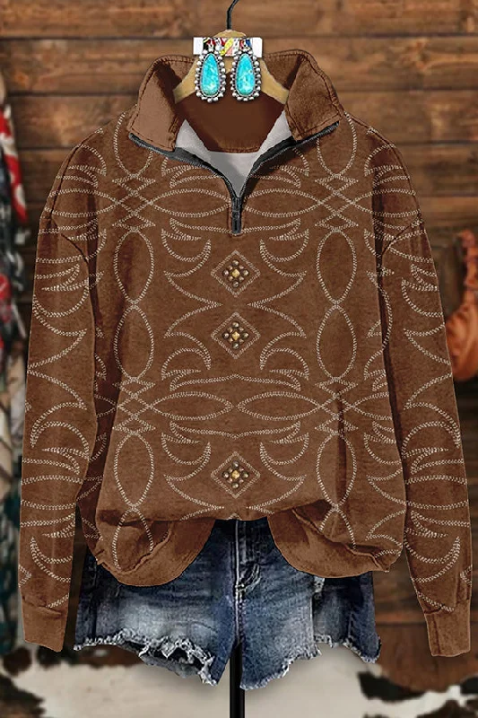Retro Western Boot Print Zip-Up Sweatshirt Hoodie with Mesh Breathable Sporty