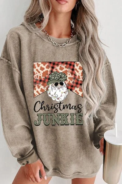 Graphic CHRISTMAS JUNKIE Ribbed Round Neck Sweatshirt Top Hoodie with Elastic Waist Stretchable Comfortable Graphic CHRISTMAS JUNKIE Ribbed Round Neck Sweatshirt Top Hoodie with Elastic Waist Stretchable Comfortable