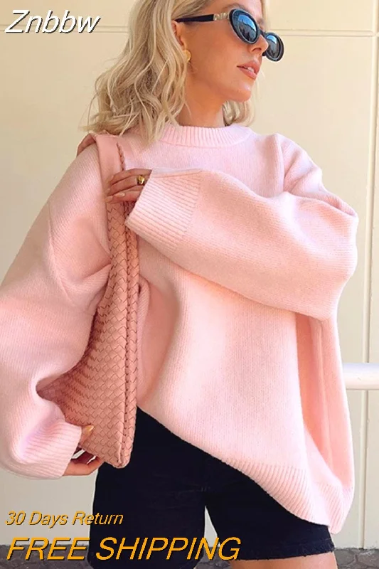 Znbbw New Solid Loose Sweater For Women Elegant Round Neck Long Sleeve Knitted Pullover Autumn Warm All-match Female Tops Jumpers