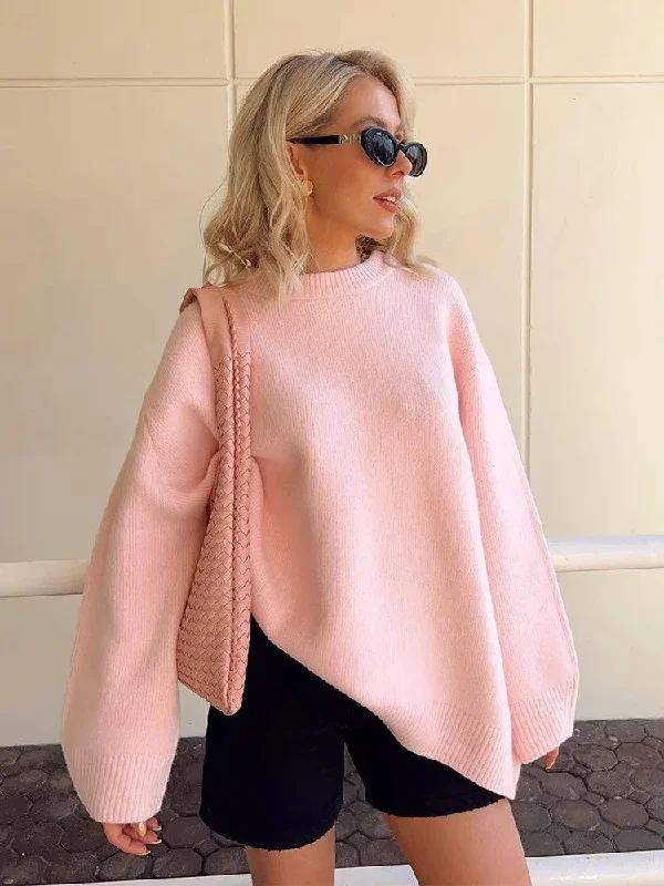 Znbbw New Solid Loose Sweater For Women Elegant Round Neck Long Sleeve Knitted Pullover Autumn Warm All-match Female Tops Jumpers