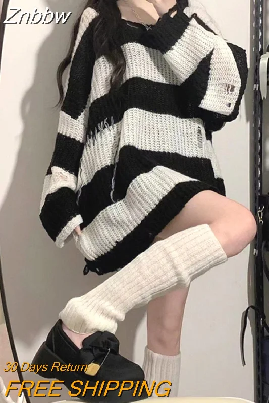 Znbbw Y2K Pink Striped Sweaters Women Harajuku Vintage Black Knitted Jumper Grunge Sexy Hole Hollow Out Loose All-match Tops