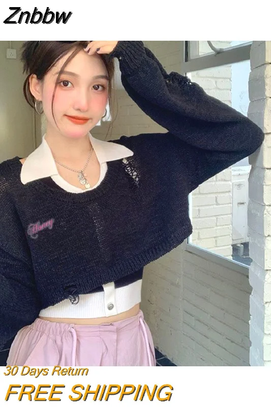 Znbbw Y2K Vintage Oversized Cropped Sweater Women Harajuku Kpop Hollow Out Smock Pullover Korean Sweet Casual Knitwear Jumper