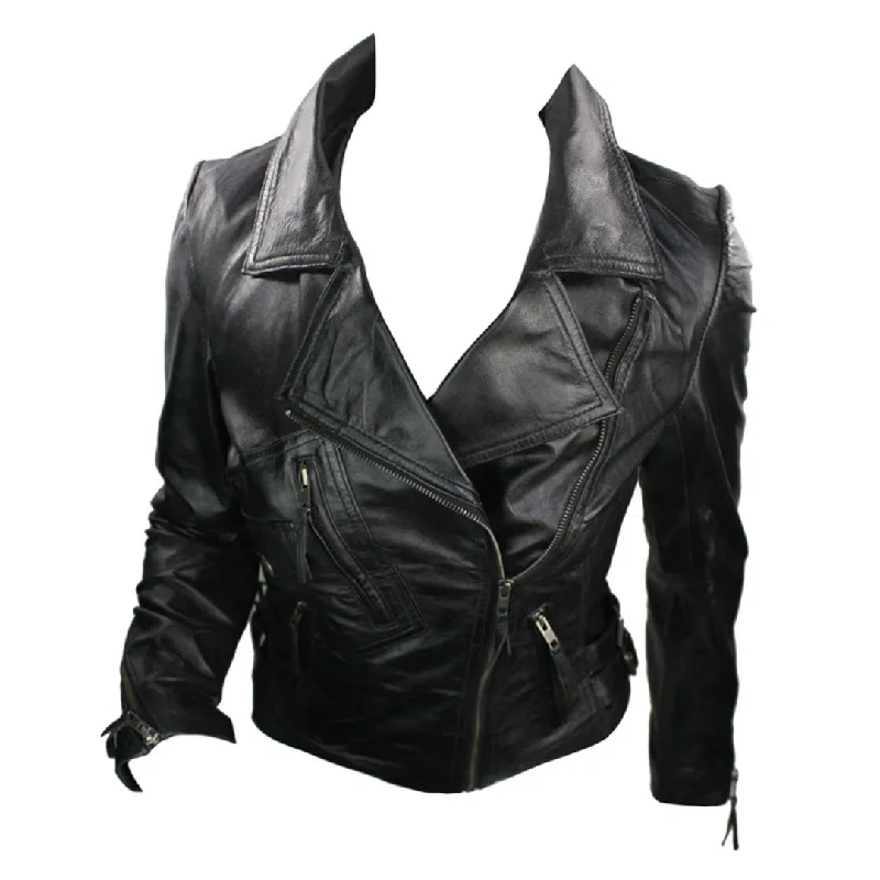 100% Women's Leather Jacket Short Fitted Bikers Black Rock