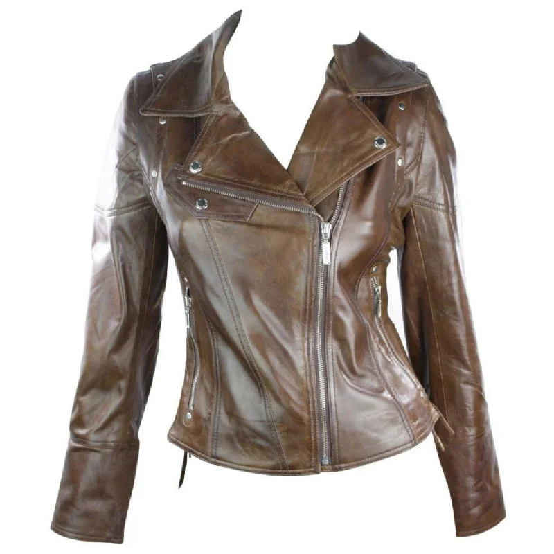 100% Women's Leather Jacket Short Fitted Bikers Black Rock