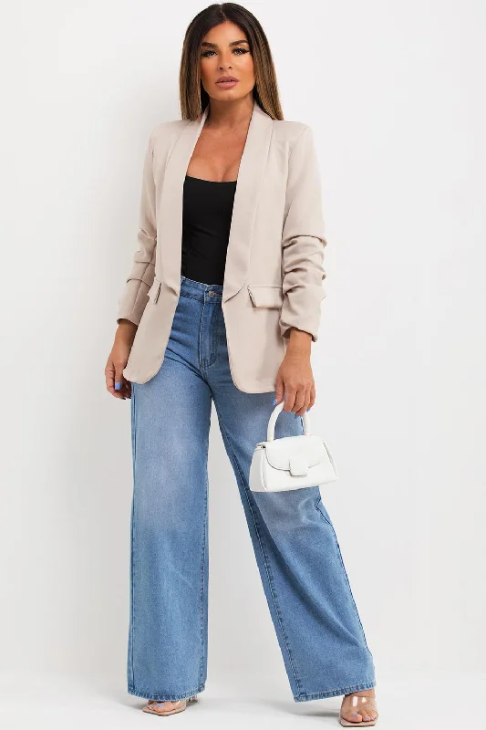 Beige Ruched Sleeve Blazer Jacket