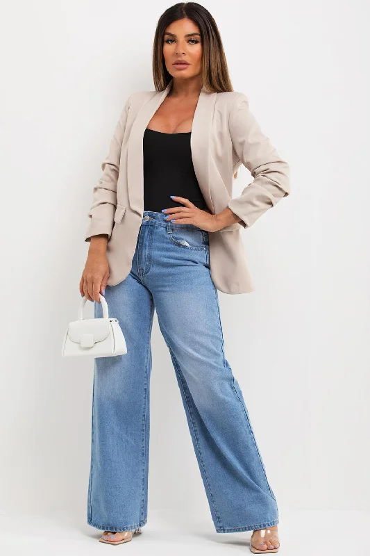 Beige Ruched Sleeve Blazer Jacket