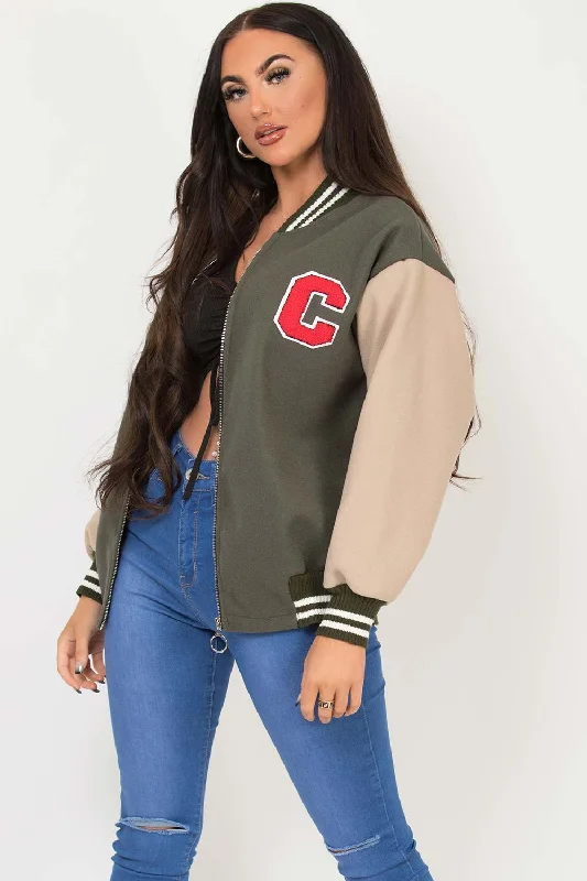 C Slogan Varsity Bomber Jacket Khaki