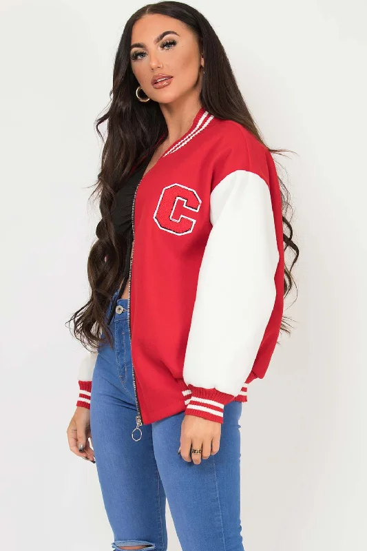 C Slogan Varsity Bomber Jacket Red