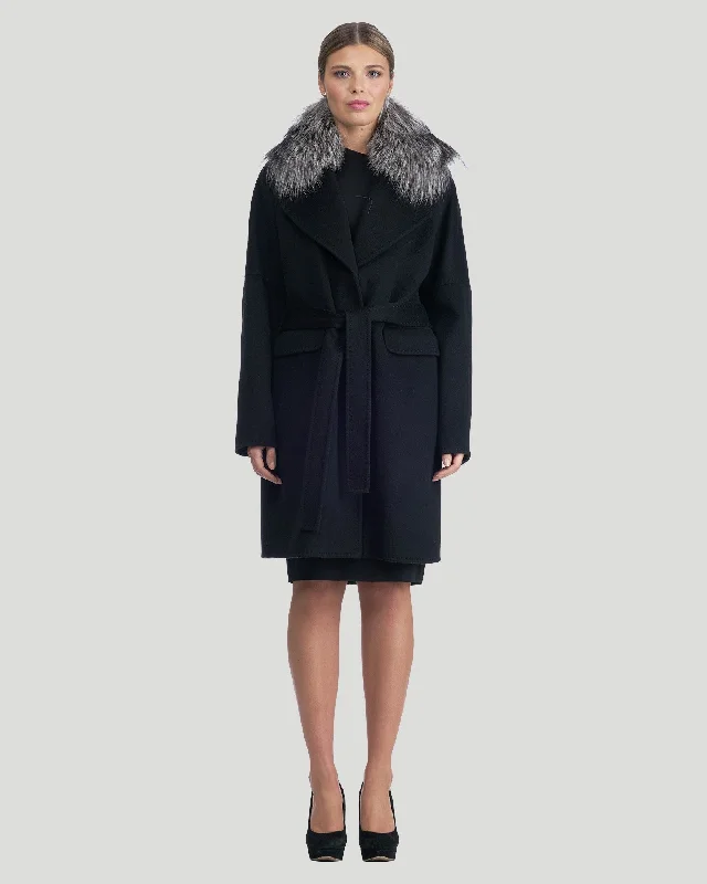 Double Face Cashmere Short Coat, Silver Fox Collar, Belt