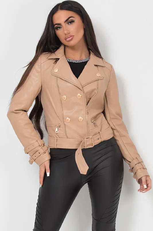 Faux Leather Jacket With Gold Button Detail Stone