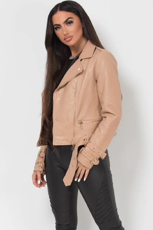 Faux Leather Jacket With Gold Button Detail Stone