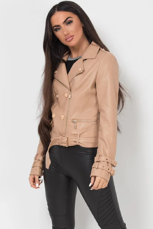 Faux Leather Jacket With Gold Button Detail Stone