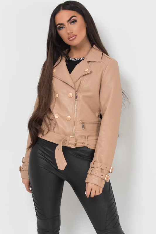 Faux Leather Jacket With Gold Button Detail Stone