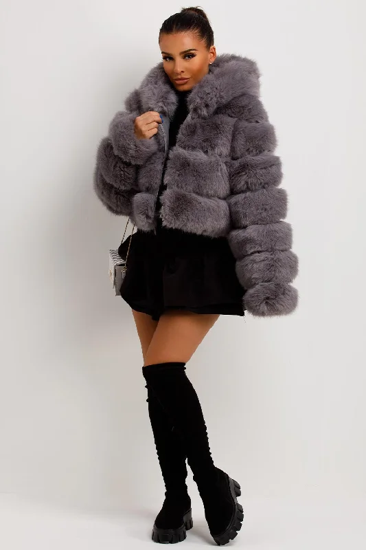 Grey Faux Fur Coat With Hood