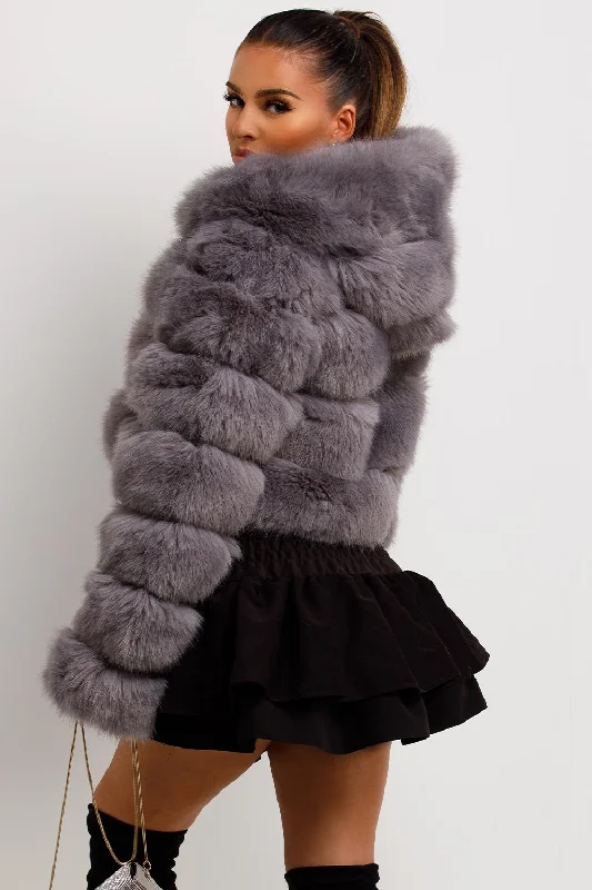 Grey Faux Fur Coat With Hood