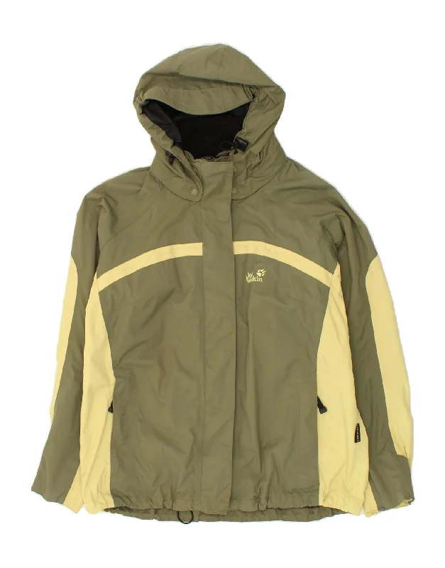 JACK WOLFSKIN Womens Hooded Rain Jacket UK 18/20 XL Khaki Colourblock