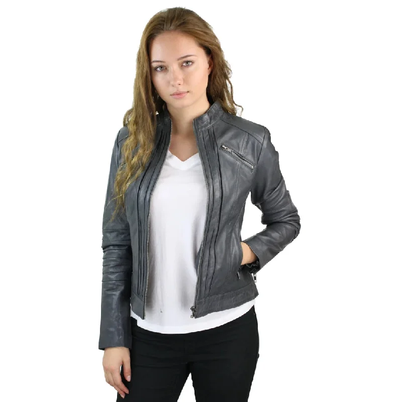 Women's Biker Jacket Leather Zipped Fit Nehru Collar