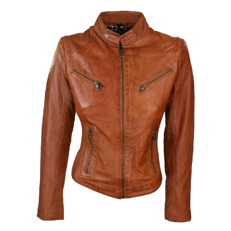 Women's Leather Black Tan Biker Jacket