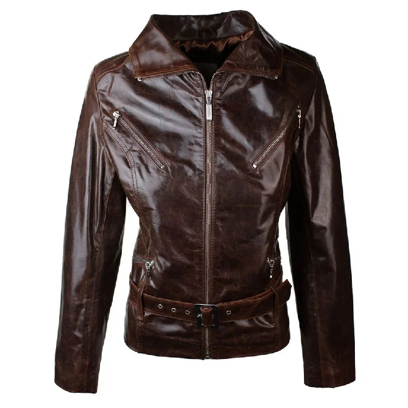 Women's Leather Biker Rock Belted Brown Jacket