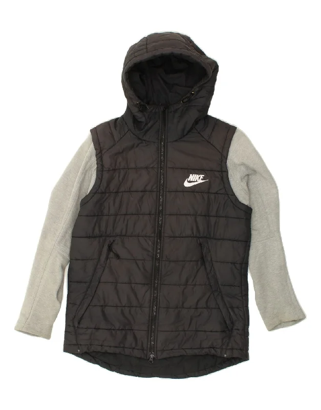 NIKE Womens Hooded Padded Jacket UK 14 Medium Black Colourblock Cotton