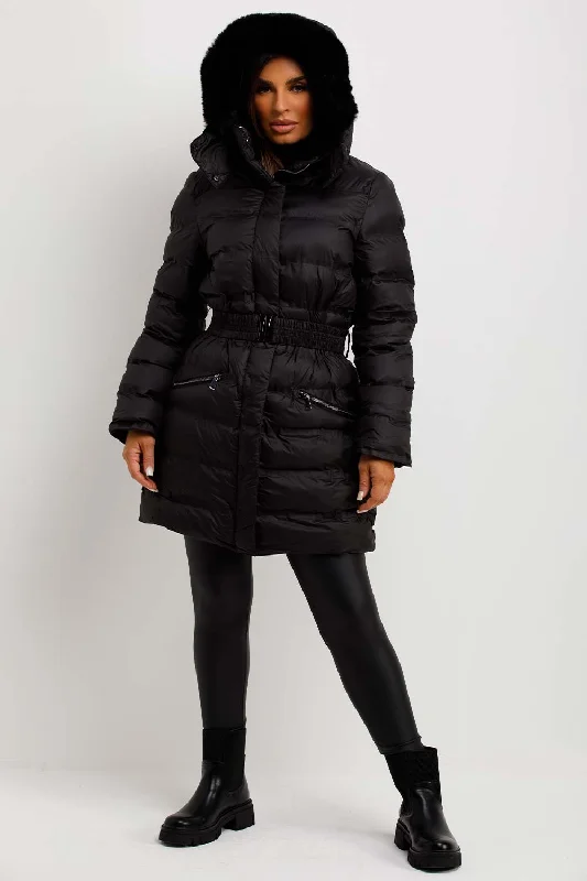 Puffer Padded Coat With Fur Hood And Belt Black