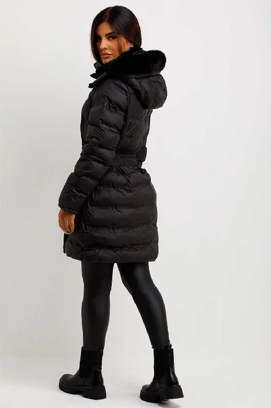 Puffer Padded Coat With Fur Hood And Belt Black