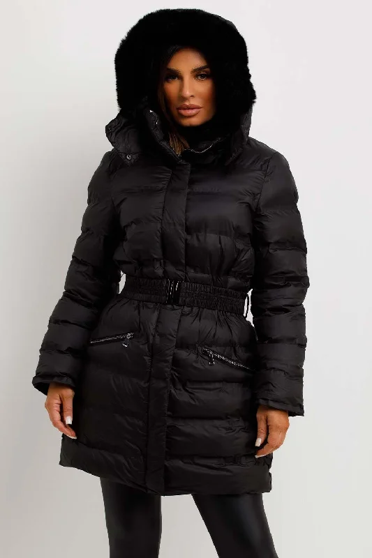 Puffer Padded Coat With Fur Hood And Belt Black