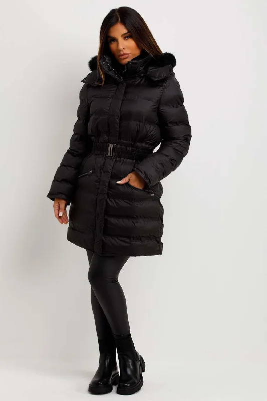 Puffer Padded Coat With Fur Hood And Belt Black