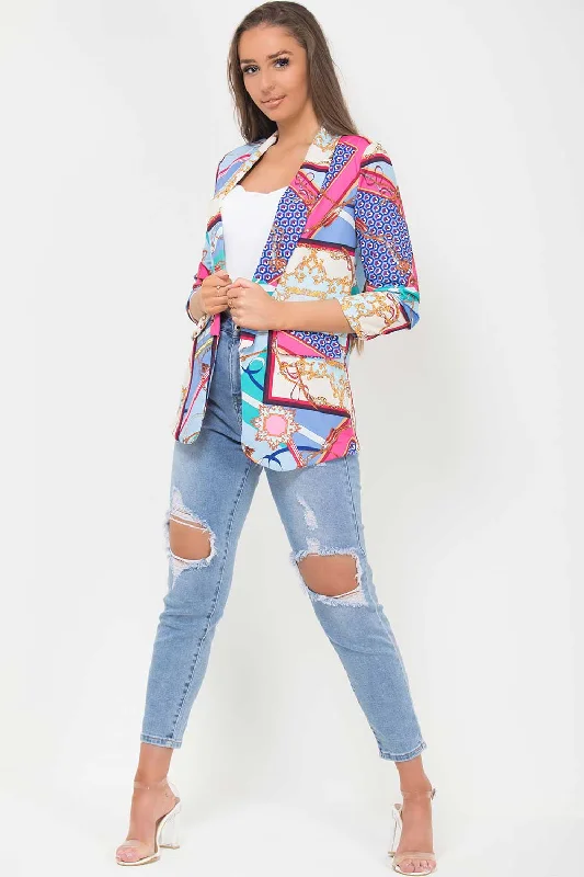 Scarf Print Ruched Sleeve Blazer Blue