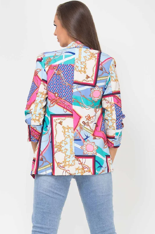 Scarf Print Ruched Sleeve Blazer Blue