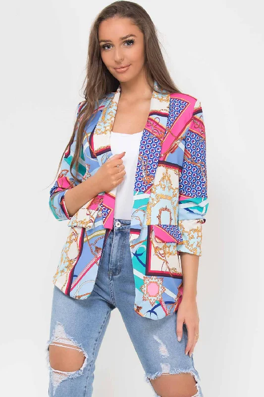 Scarf Print Ruched Sleeve Blazer Blue